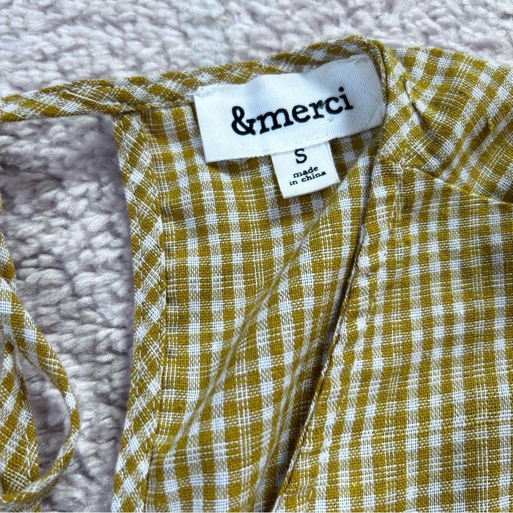 &Merci Mustard Gingham Plaid Babydoll Top Open Tie Back Ruffle Sleeves Small - Picture 3 of 12